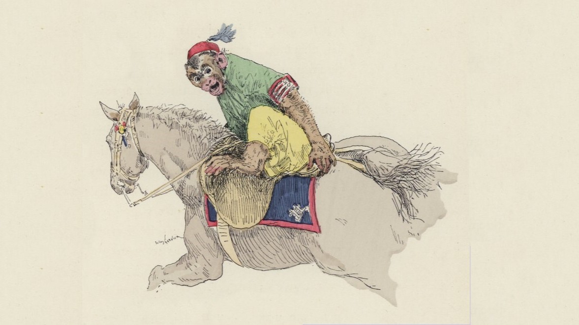 Jules Arsene after Garnier   Monkey riding a horse colour litho   MeisterDrucke 1032736