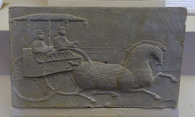 Small horse cart China unearthed at Taiping Pengzhou City Eastern Han dynasty 25 220 AD tomb tile   Sichuan Provincial Museum   Chengdu China   DSC04831