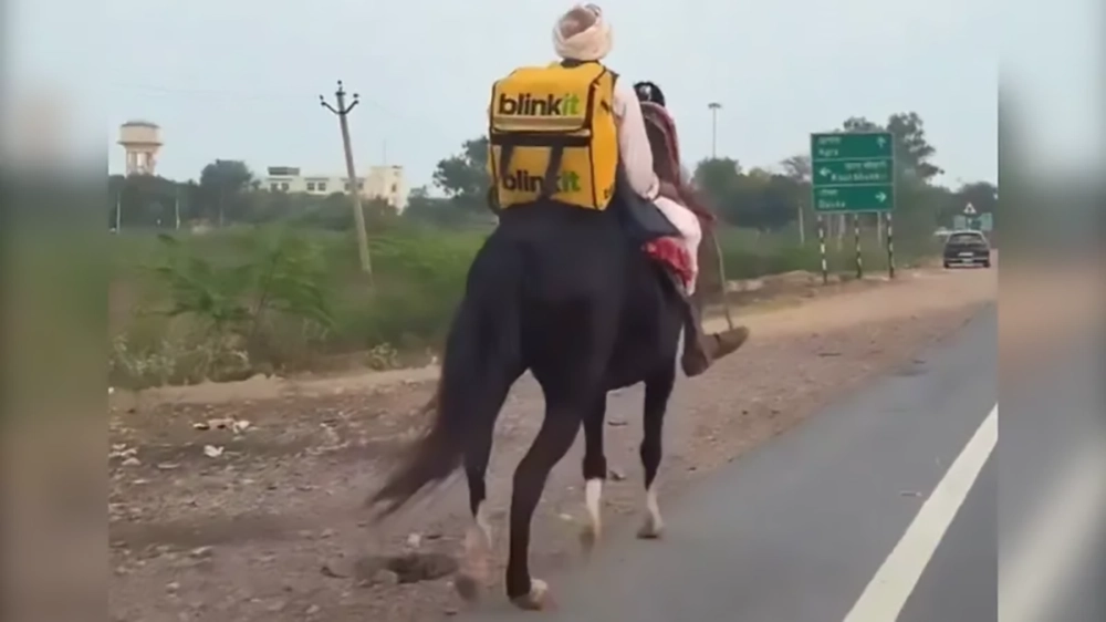 Blinkit delivery man rides horse in Rajasthan